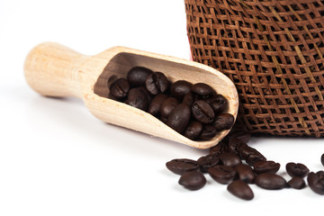 coffee bean in brown sack on white