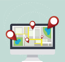 pin location icon and map on computer vector, the concept of travel 