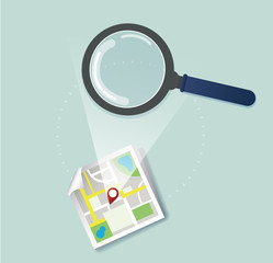the magnifying glass and pin location icon and map vector, the concept of travel 