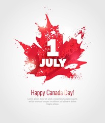 1 July. Happy Canada Day greeting card. Celebration background with maple silhouette and watercolor splatters. Vector illustration