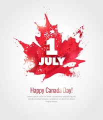 Fotobehang 1 July. Happy Canada Day greeting card. Celebration background with maple silhouette and watercolor splatters. Vector illustration © ira_qiwi