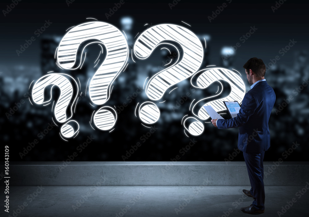 Poster Businessman watching a question mark sketch on a rooftop 3D rendering