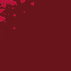 Red stitched paper hearts. Left right corner on wine red background. Vector illustration.
