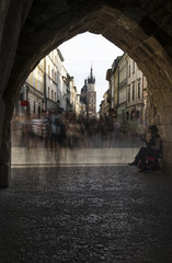 View on Florianska street in Krakow through old city gate