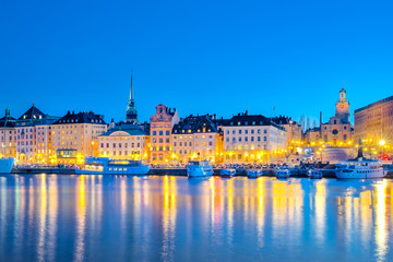 Cityscape of Stockholm city at night in Sweden.