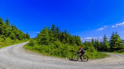 Mountain biking women riding on bike in summer mountains forest landscape. Woman cycling MTB outdoor sport activity.