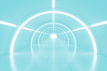 Obraz premium Abstract empty shining tunnel with light in the end. Wide tunnel with light at the end. Shiny glossy surface. Abstract background. Landscape aspect ratio. 3D illustration.