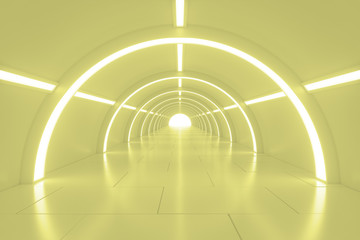 Abstract empty shining tunnel with light in the end. Wide tunnel with light at the end. Shiny glossy surface. Abstract background. Landscape aspect ratio. 3D illustration.
