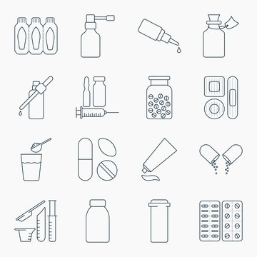 Collection of outline medical bottles icons