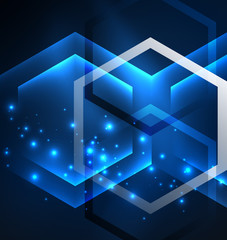 Techno glowing glass hexagons vector background