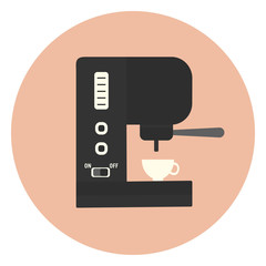 Flat coffee machine with buttons, press and cup, kitchen appliance, coffee maker symbol for cafe, restaurant, home