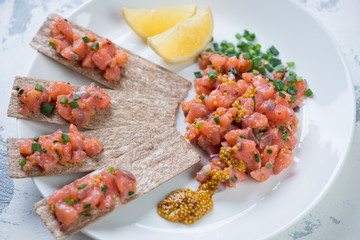 Salmon tartar with bread slices on a white plate, closeup, studio shot