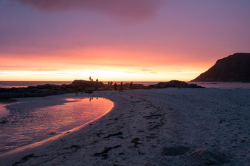 Sunset with sandy beach - Lofoten, Norway.