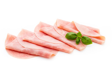 Fototapeta na wymiar Thin slices of ham on white background.
