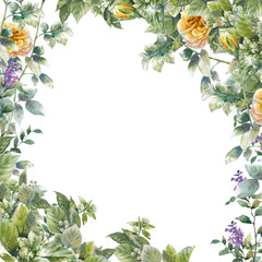 watercolor painting of leaves and flower, on white background