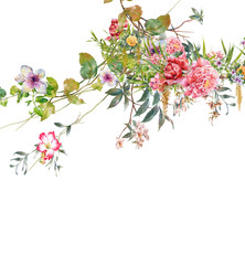 watercolor painting of leaves and flower, on white background