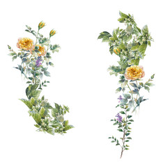 watercolor painting of leaves and flower, on white background