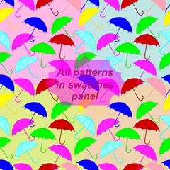 Fototapeta na wymiar Collection of colorful umbrellas. Set of seamless patterns for decorating paper, wallpaper, fabric, background. Vector illustration.
