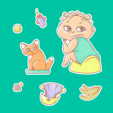 Vector Set Of Color Illustrations Stickers Child Sitting On The Pot And Kitten In The Cat Litter. Baby Bottle With Water Or Milk, Other Care And Food. The Chubby Curly Kid With Big Eyes And Red Cat