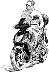 Sketch of a man riding a motorbike
