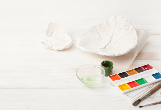 Coloring of gypsum leaf form on white
