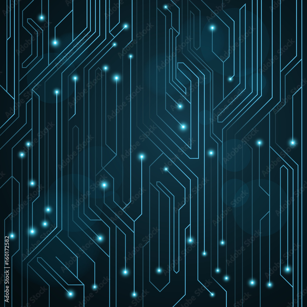 Poster high-tech background of blue color from a computer board with leds and luminous neon connectors. com