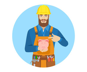 Worker pointing at piggy bank