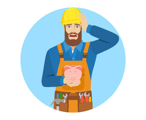 Worker with piggy bank grabbed his head