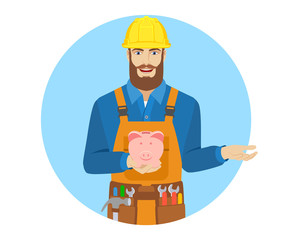 Worker with piggy bank gesturing