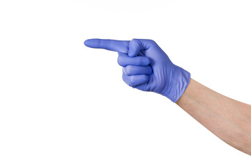 Male hand in blue cleaning latex glove isolated on white background. Closeup photograph with copy space. Backdrop for advertising, packaging or concept.