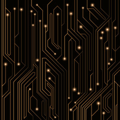 High-tech background of orange color from a computer board with LEDs and luminous neon connectors. Computer circuit. A large electronic network. Vector illustration