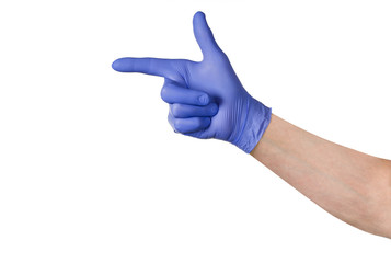 Male hand in blue cleaning latex glove isolated on white background. Closeup photograph with copy space. Backdrop for advertising, packaging or concept.