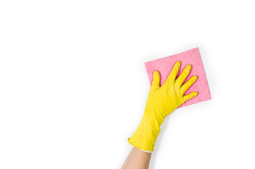 Isolated woman's hand cleaning on a white background. Cleaning or housekeeping concept background. Frame for text or advertising