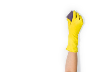 Isolated woman's hand cleaning on a white background. Cleaning or housekeeping concept background. Frame for text or advertising