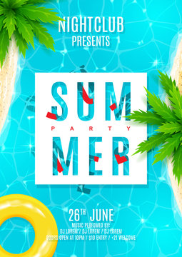 Blue summer party flyer. Beautiful background with top view on sea, sea shore and palm trees. Vector illustration. Invitation to nightclub.