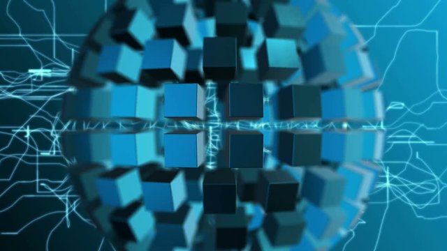 Abstract geometric shapes from cubes in rotating sphere. 4K UHD video loop animation.