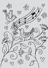 Cute singing bird on a branch. Sketchy style.