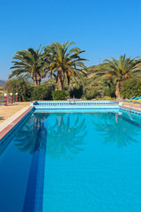 Palmmen spiegeln sich im Wasser eines Pools auf Samos
