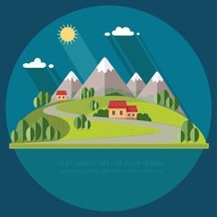 Naklejka premium Beautiful rural landscape with houses and mountain views. The village road to the garden, field. Spring Summer Autumn. Flat design style vector illustration.