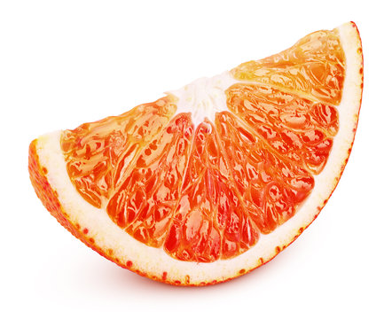 Ripe slice of blood red orange citrus fruit isolated on white background. Sanguinello blood orange wedge with clipping path