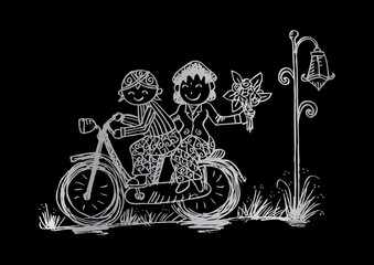  Illustration of funny cartoon couple java . Bride and groom riding bicycle.