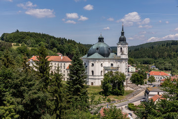 Fototapeta na wymiar Aerial view on Church, monastery in Krtiny, Czech Republic. Virgin Mary ,Baroque monument. Architecture , Jan Santini Aichel