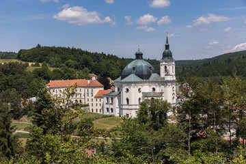 Aerial view on Church, monastery in Krtiny, Czech Republic. Virgin Mary ,Baroque monument. Architecture , Jan Santini Aichel