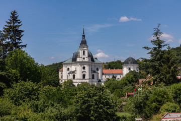 Fototapeta na wymiar Aerial view on Church, monastery in Krtiny, Czech Republic. Virgin Mary ,Baroque monument. Architecture , Jan Santini Aichel