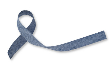 Blue jeans denim ribbon (isolated with clipping path) on white background for genetic disorder awareness and children's rare disease illness 
