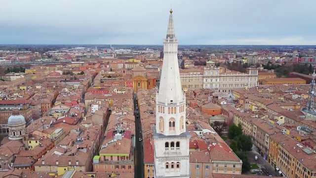 modena ghirlandina tower aerial view flying down