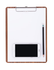 phone and pencil on blank paper on wooden clipboard with space on white background