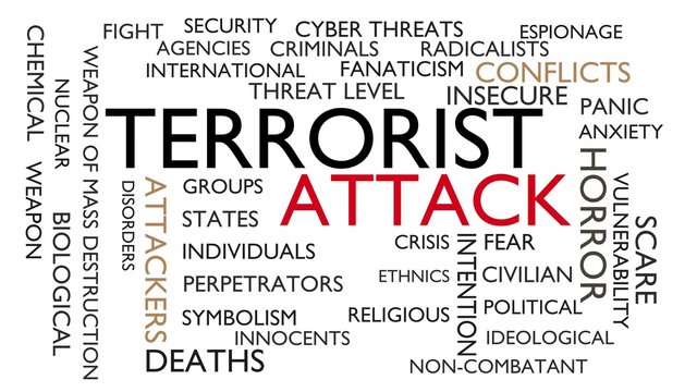 Terrorist attack word tag cloud. 3D rendering, white variant.