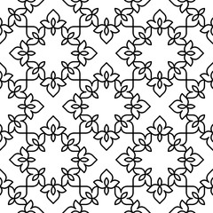 Black and white background. Regular pattern with Moroccan-styled floral elements. Vector seamless repeat. 