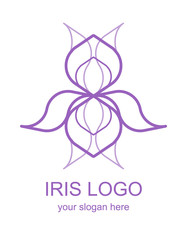 Floral linear icon. Iris flower lineart logo. Thin line logotype for a spa, wellness center, massage or beauty salon. Vector design element in monoline style isolated on white background. 
